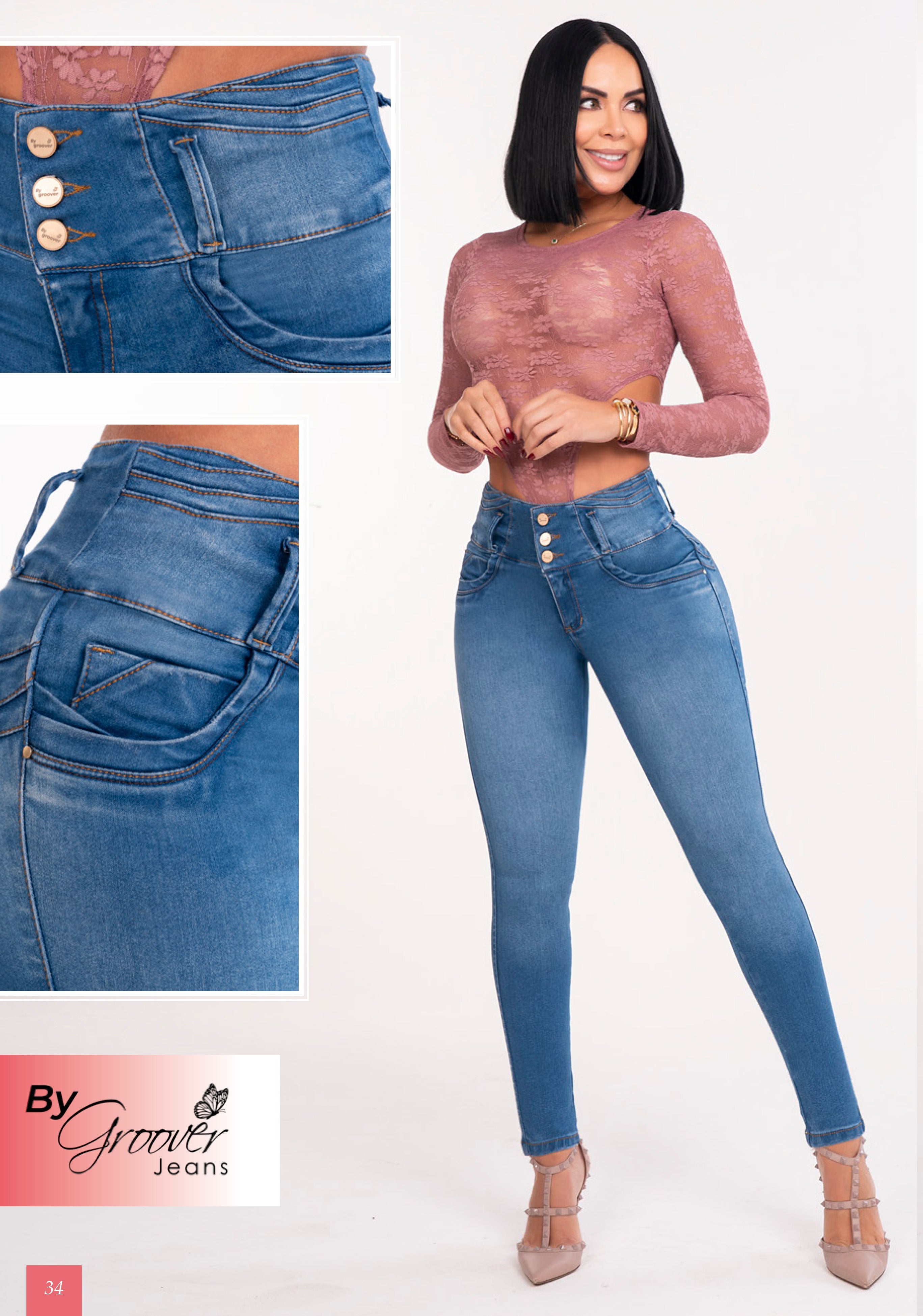 Jean Licrado Azul Claro Levanta Cola 3 Botones Control Abdomen Pitillo – Ref. 670 | By Groover