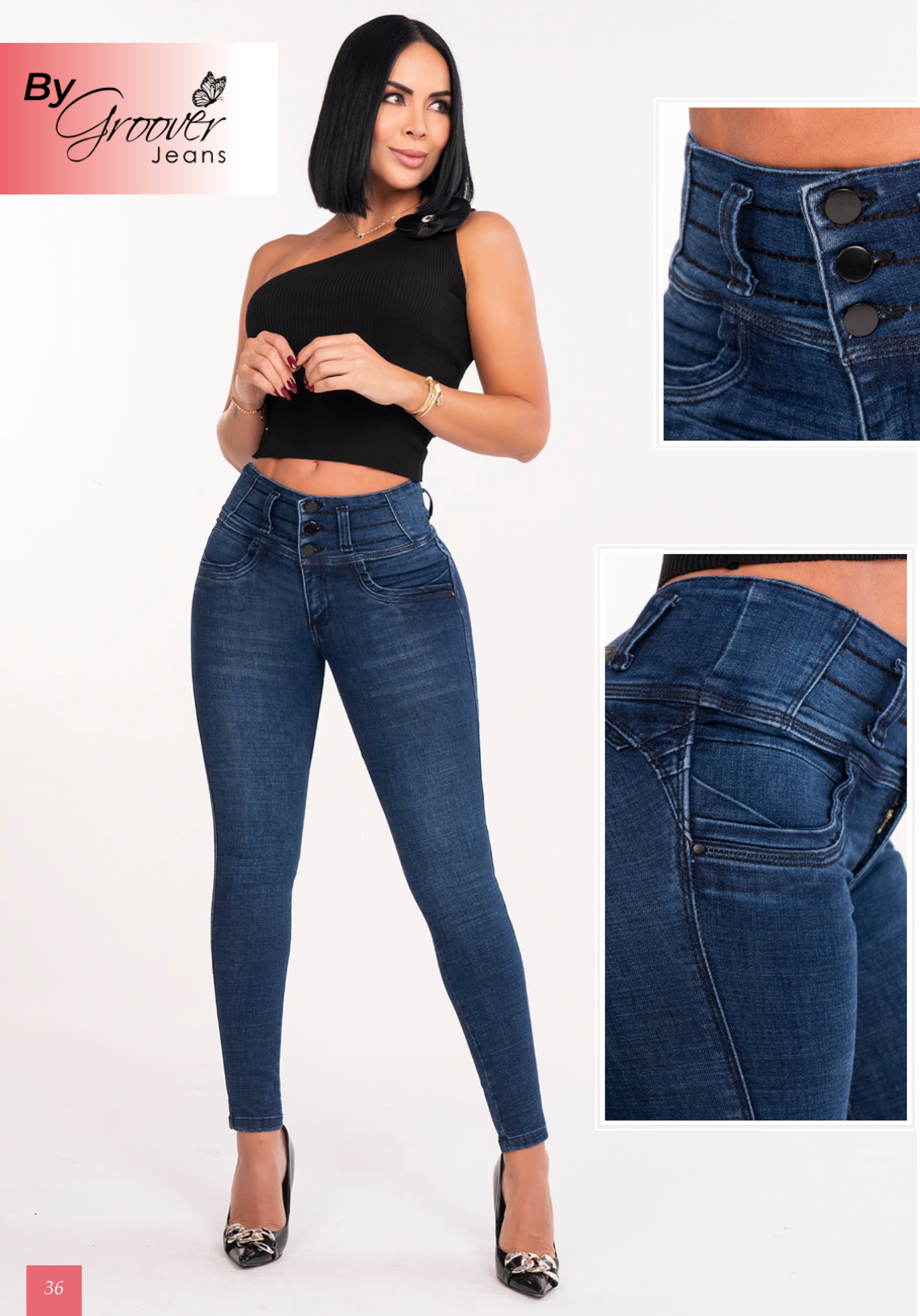 Jean Licrado Azul Medio Oscuro Levanta Cola 3 Botones Control Abdomen Pitillo – Ref. 671 | By Groover