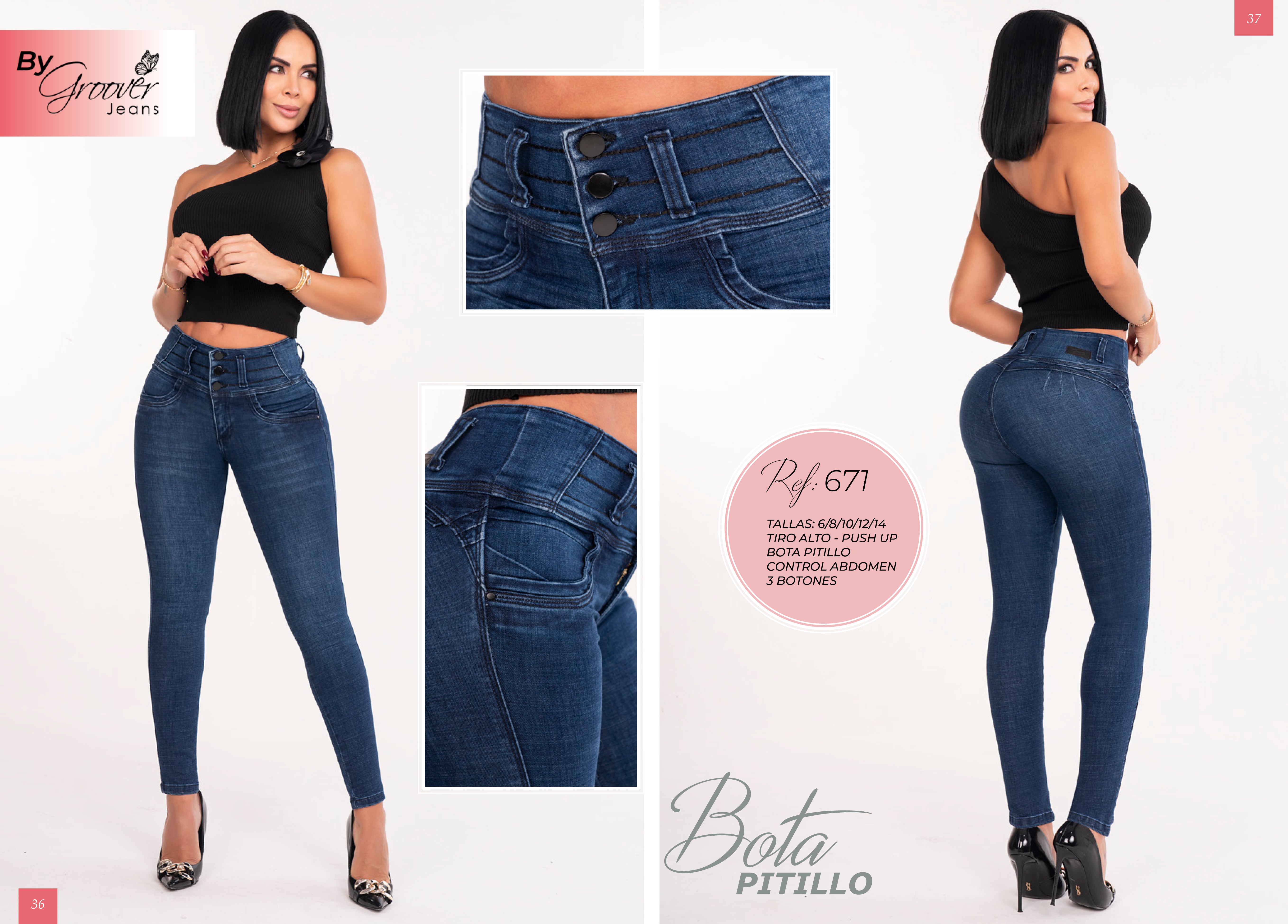 Jean Licrado Azul Medio Oscuro Levanta Cola 3 Botones Control Abdomen Pitillo – Ref. 671 | By Groover