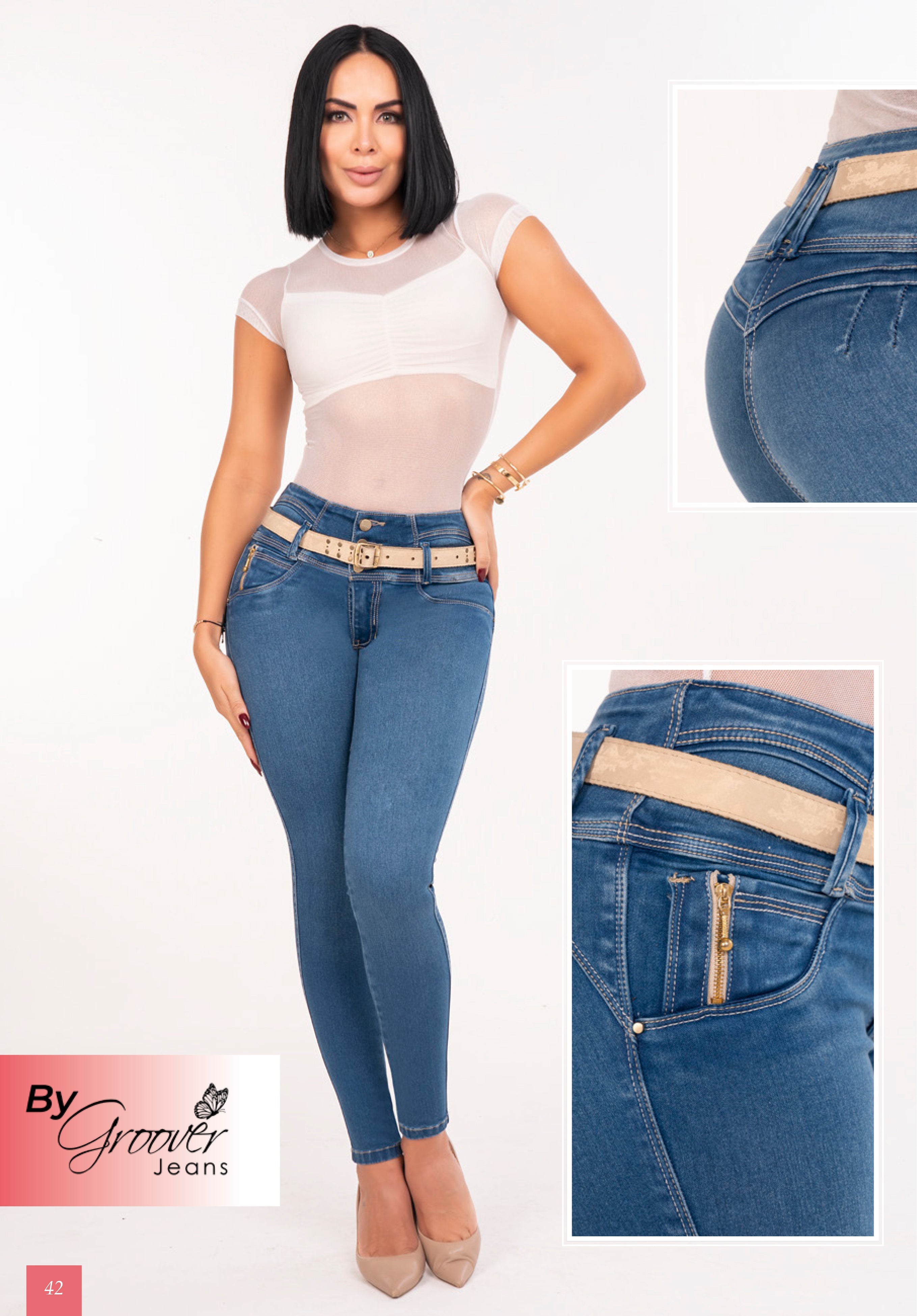 Jean Licrado Azul Medio Levanta Cola 3 Botones Control Abdomen – Ref. 674 | By Groover