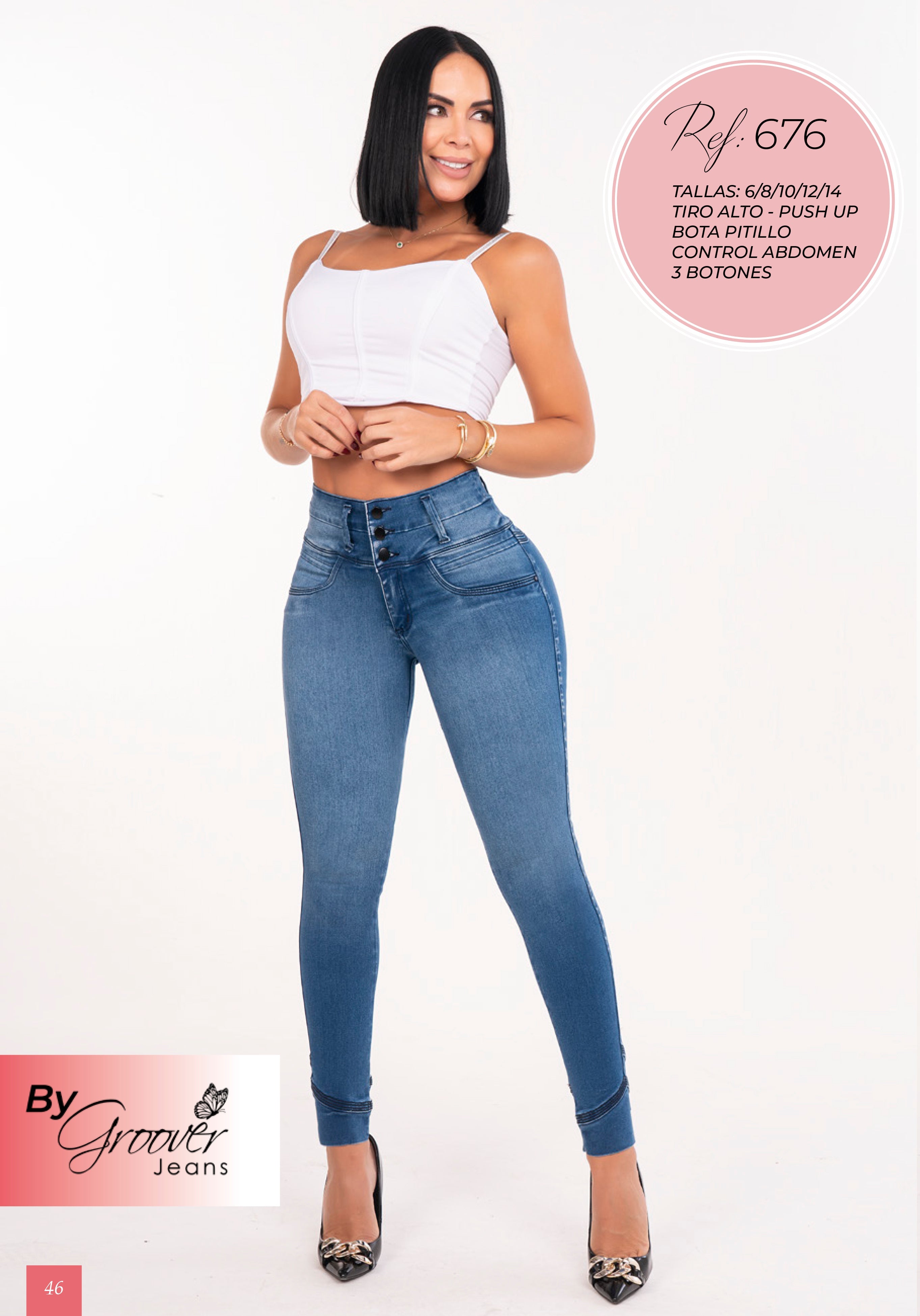 Jean Licrado Azul Medio Levanta Cola 3 Botones Control Abdomen Pitillo – Ref. 676 | By Groover