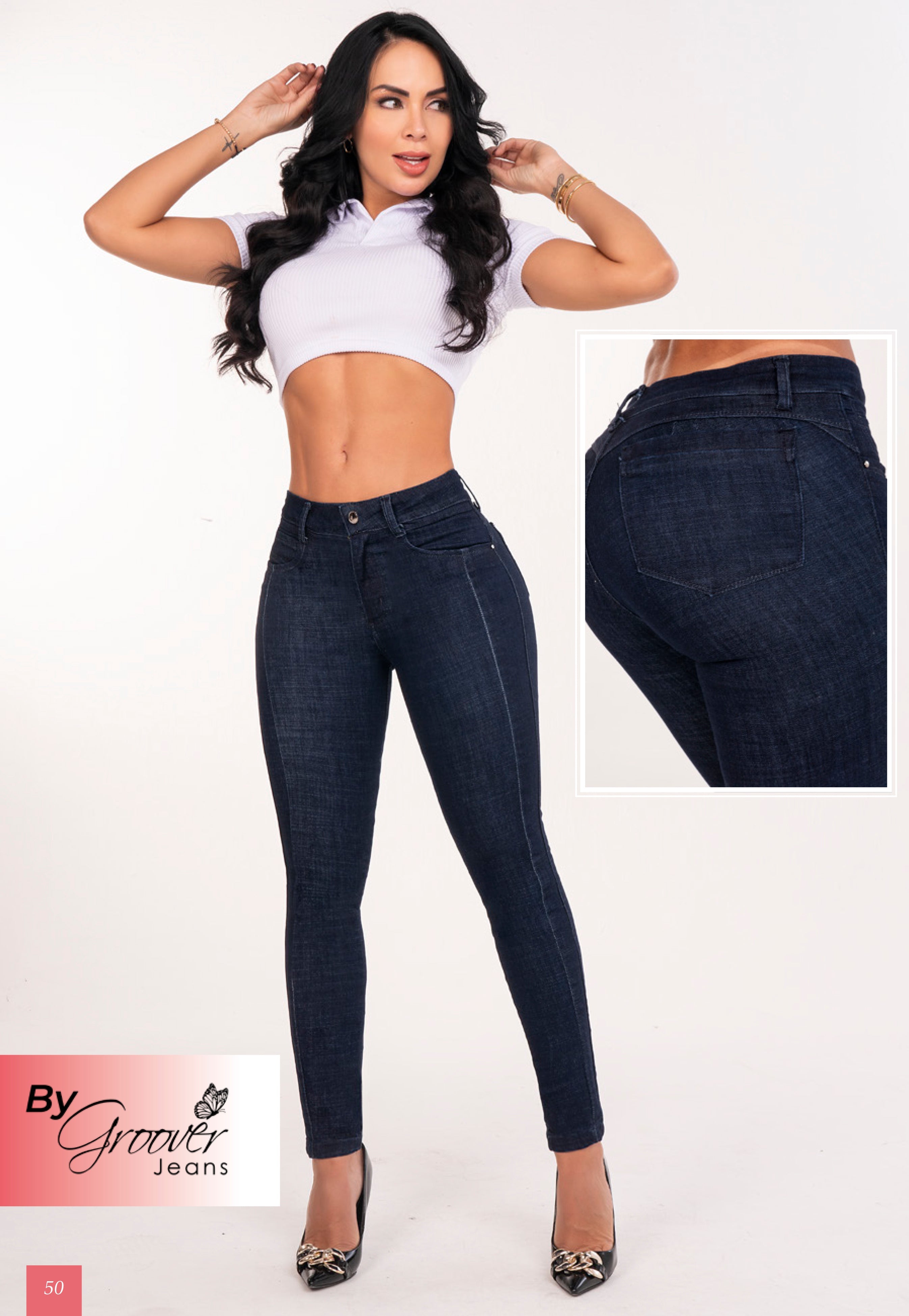 Jean Licrado Azul Oscuro Levanta Cola 3 Botones Estilo Ochentero – Ref. 678 | By Groover