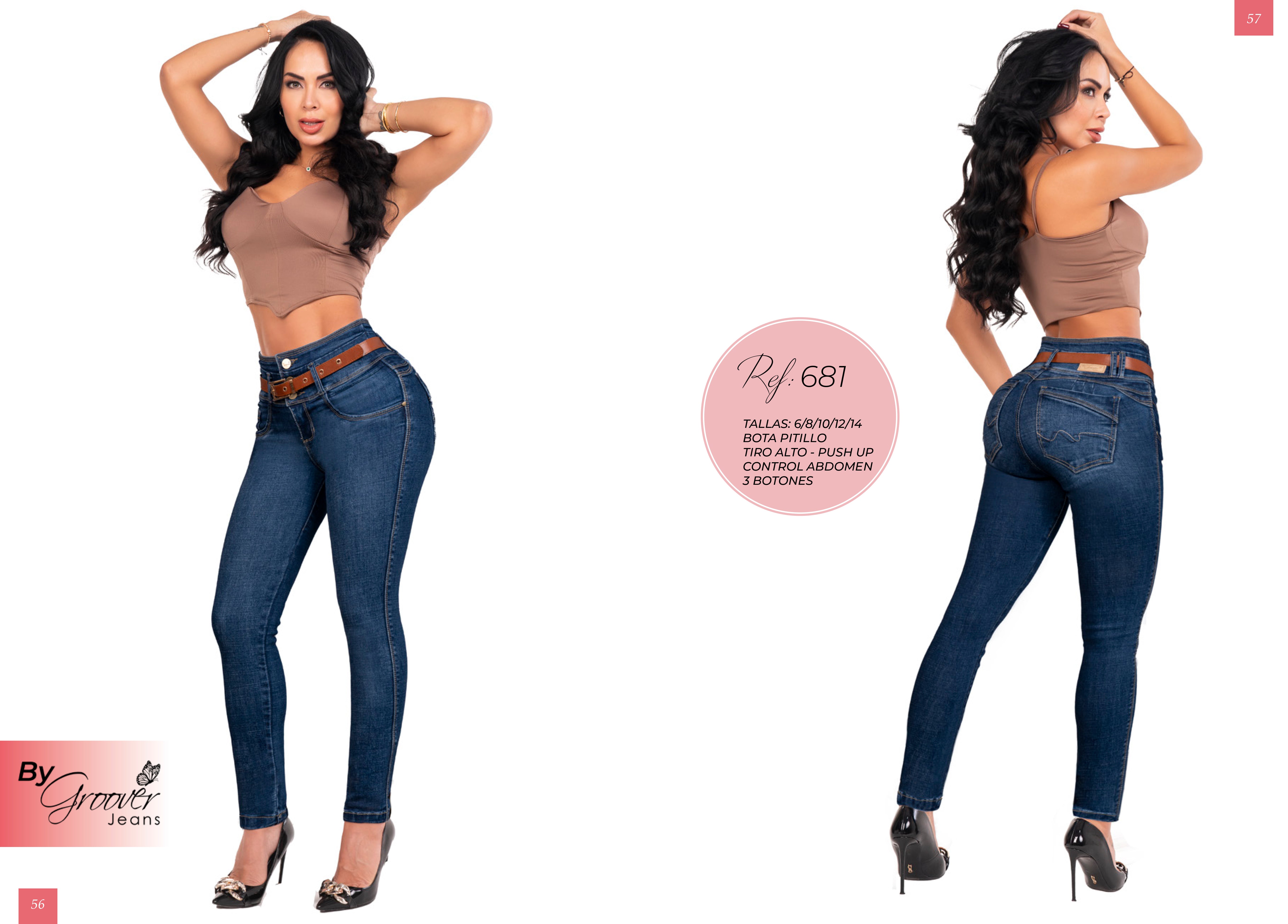 Jean Licrado Azul Medio Levanta Cola con Cinturón 3 Botones Control Abdomen Pitillo – Ref. 681 | By Groover