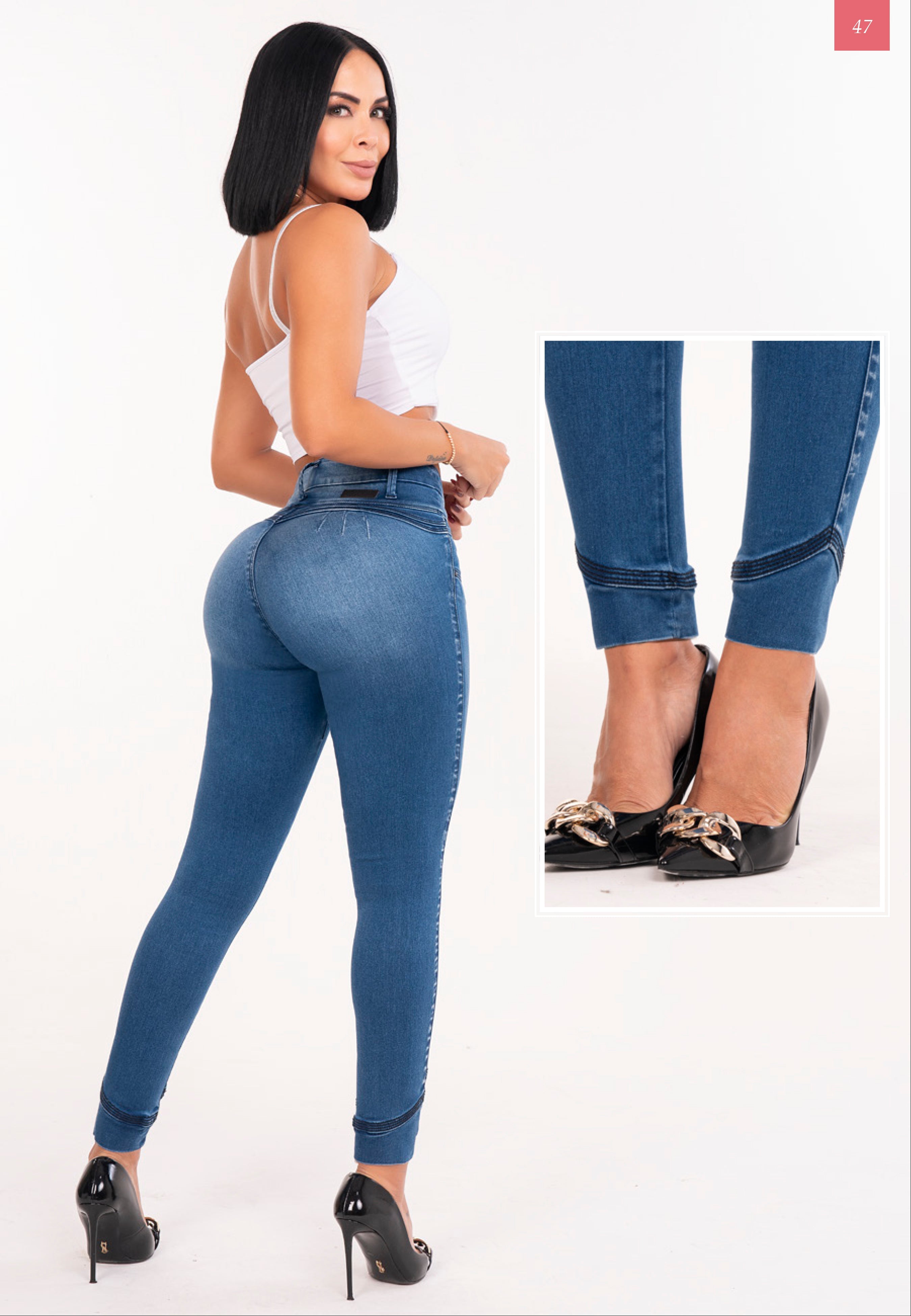 Jean Licrado Azul Medio Levanta Cola 3 Botones Control Abdomen Pitillo – Ref. 676 | By Groover