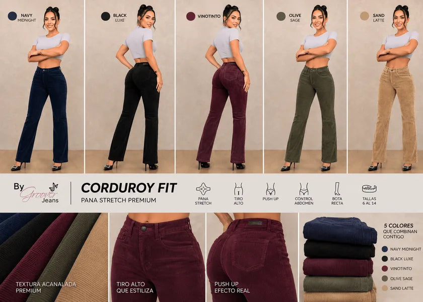 Pantalón Pana Licrada Acanalada Tiro Alto Push Up Ref. 665