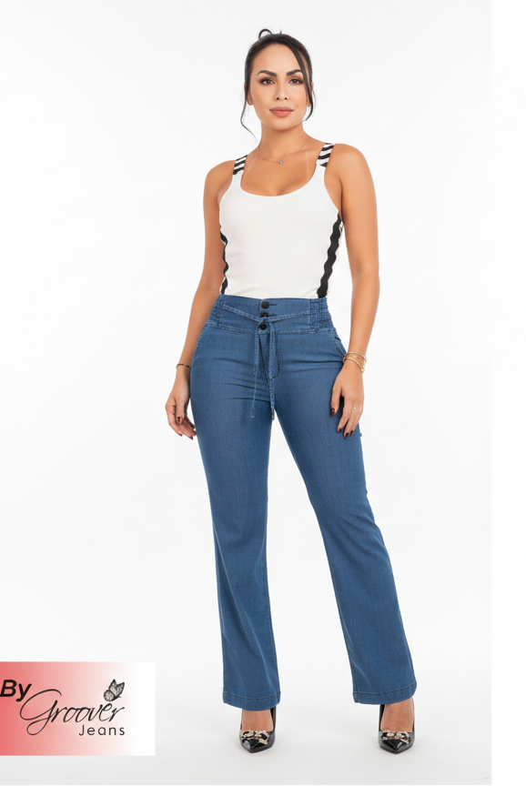 Pantalón Chambray 664 Azul Medio Tiro Alto – Cintura Resortada - 3 botones | By Groover