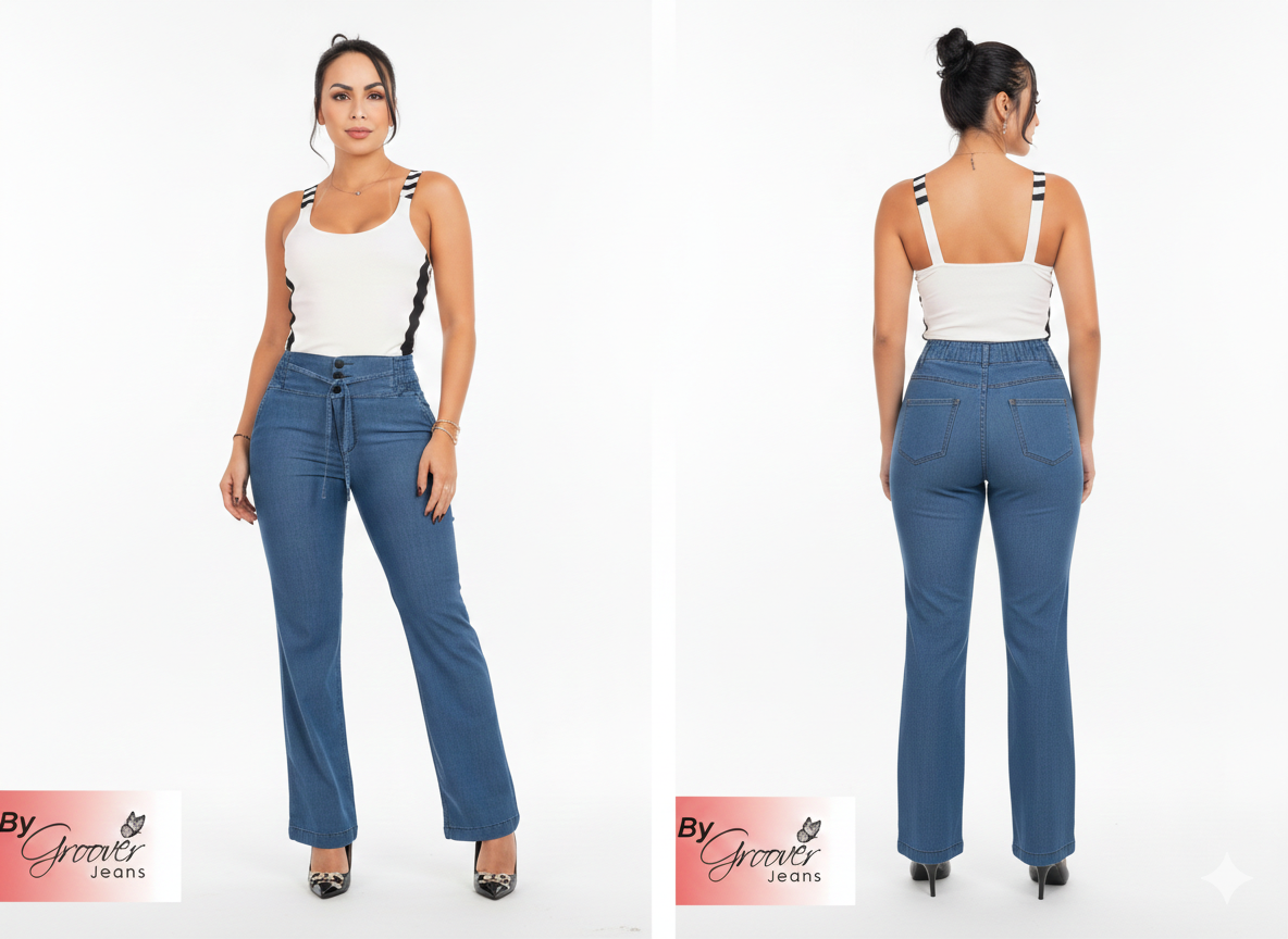 Pantalón Chambray 664 Azul Medio Tiro Alto – Cintura Resortada - 3 botones | By Groover