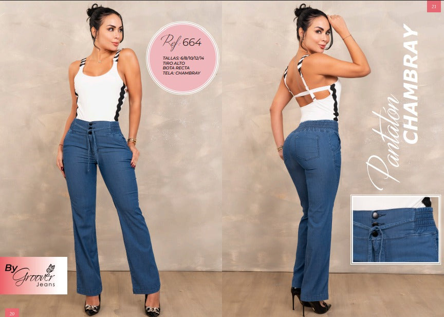 Pantalón Chambray 664 Azul Medio Tiro Alto – Cintura Resortada - 3 botones | By Groover